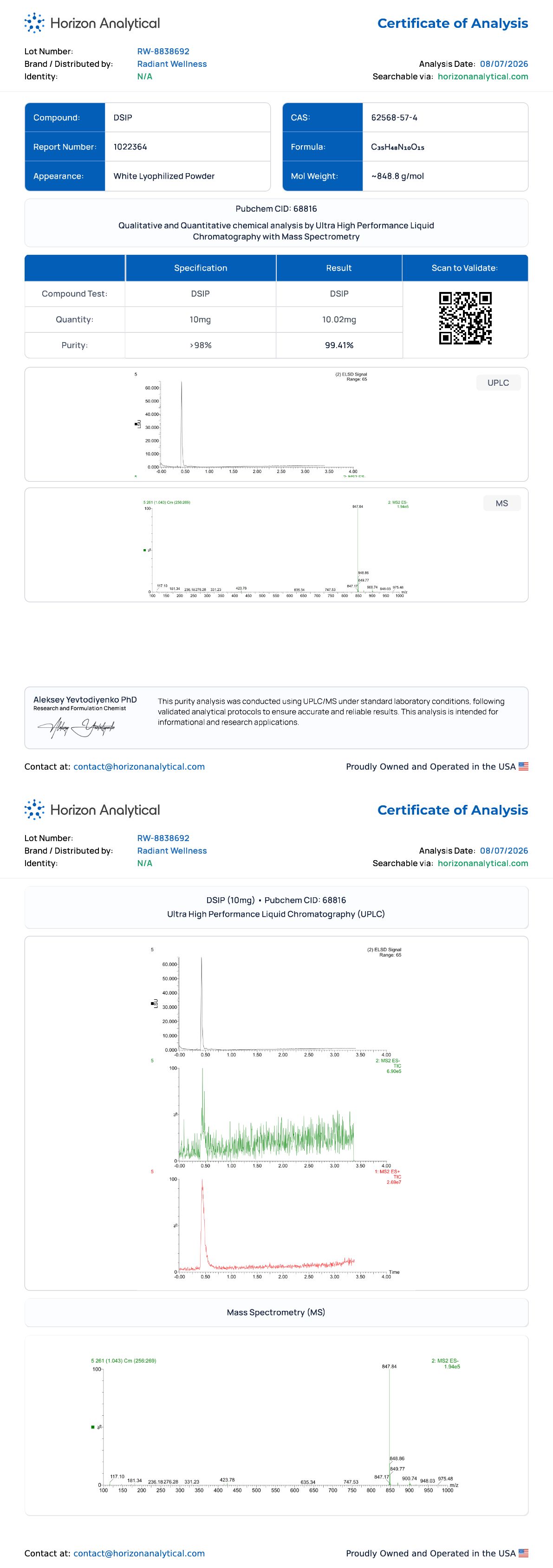 DSIP (10mg) Purity certificate