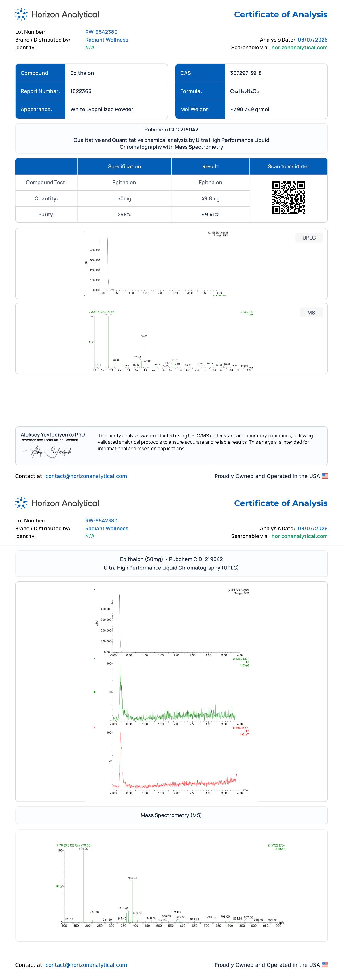 Epithalon Purity certificate