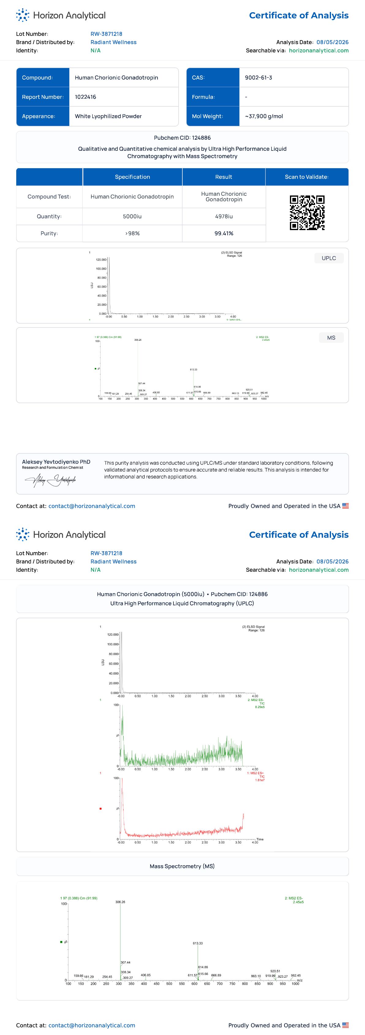 HCG (5000 IU) Purity certificate