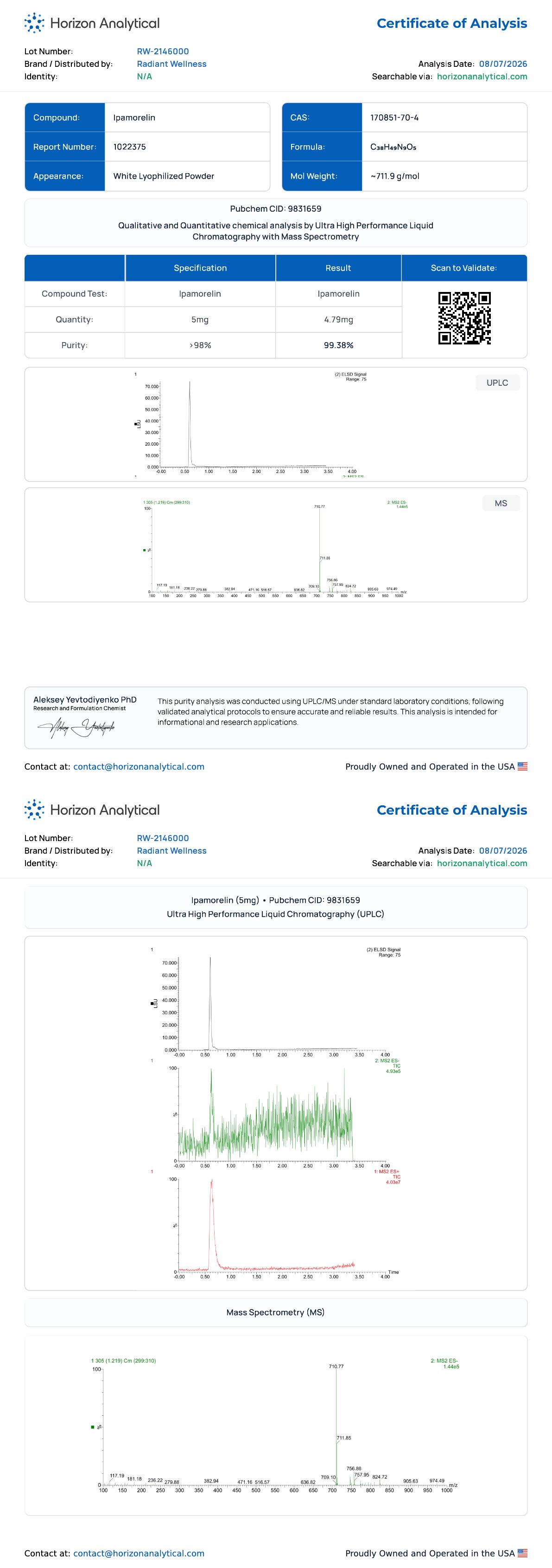 Ipamorelin Purity certificate