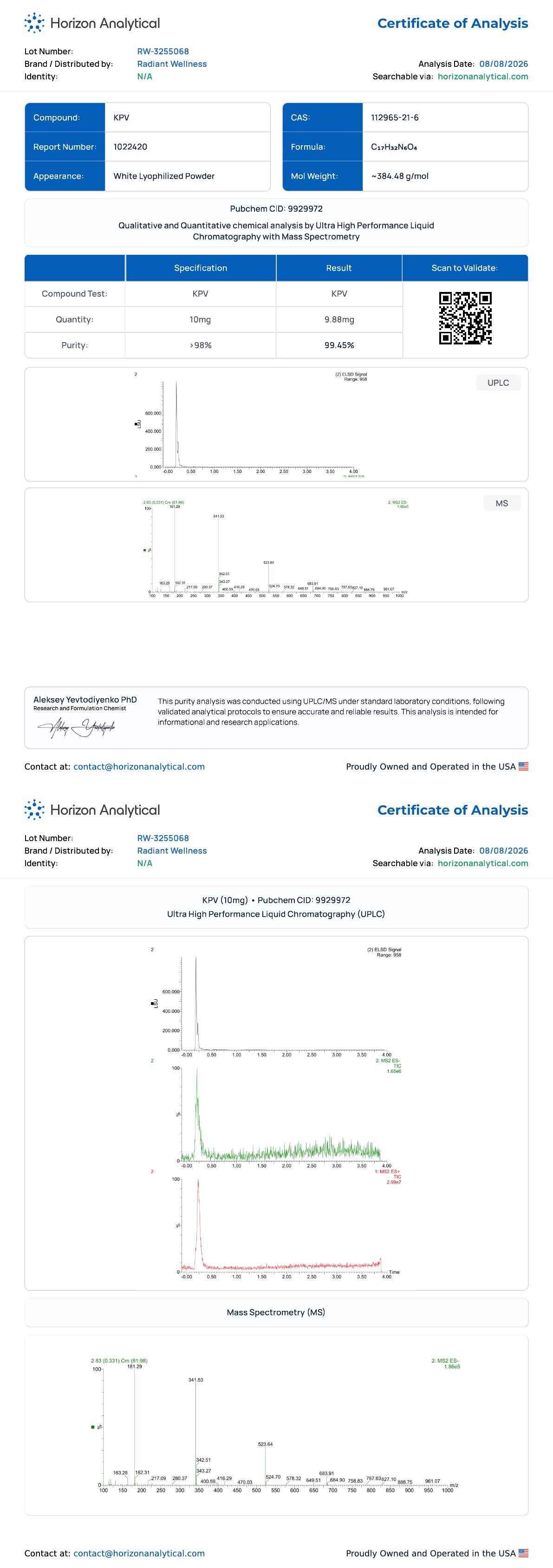 KPV  Purity certificate