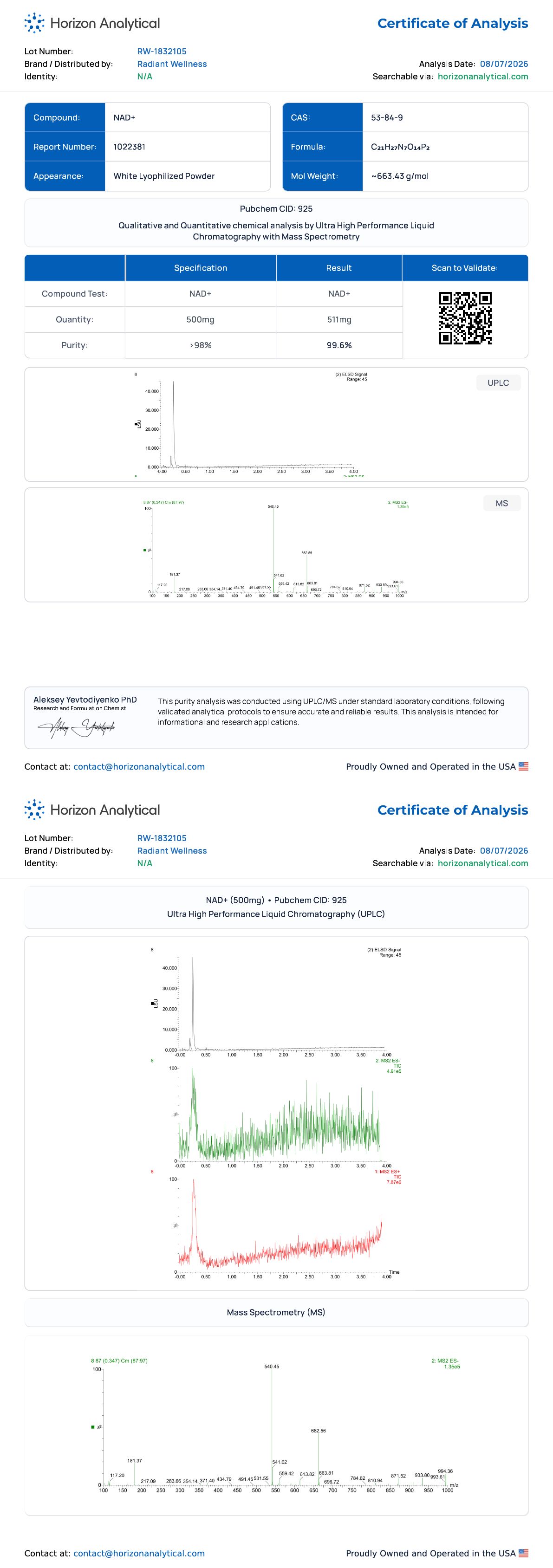NAD+ (500mg) Purity certificate