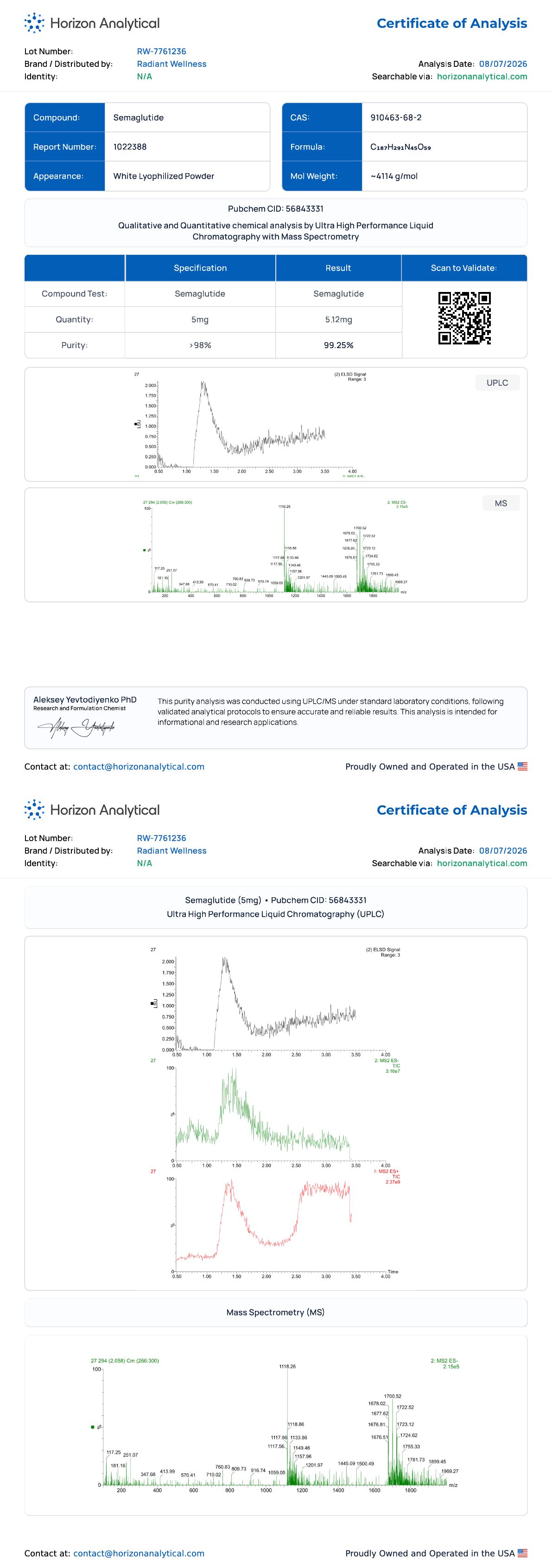Semaglutide Purity certificate