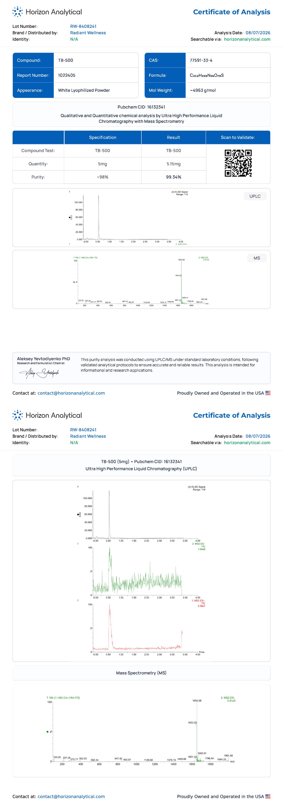 TB500 (Thymosin Beta-4 Acetate) Purity certificate