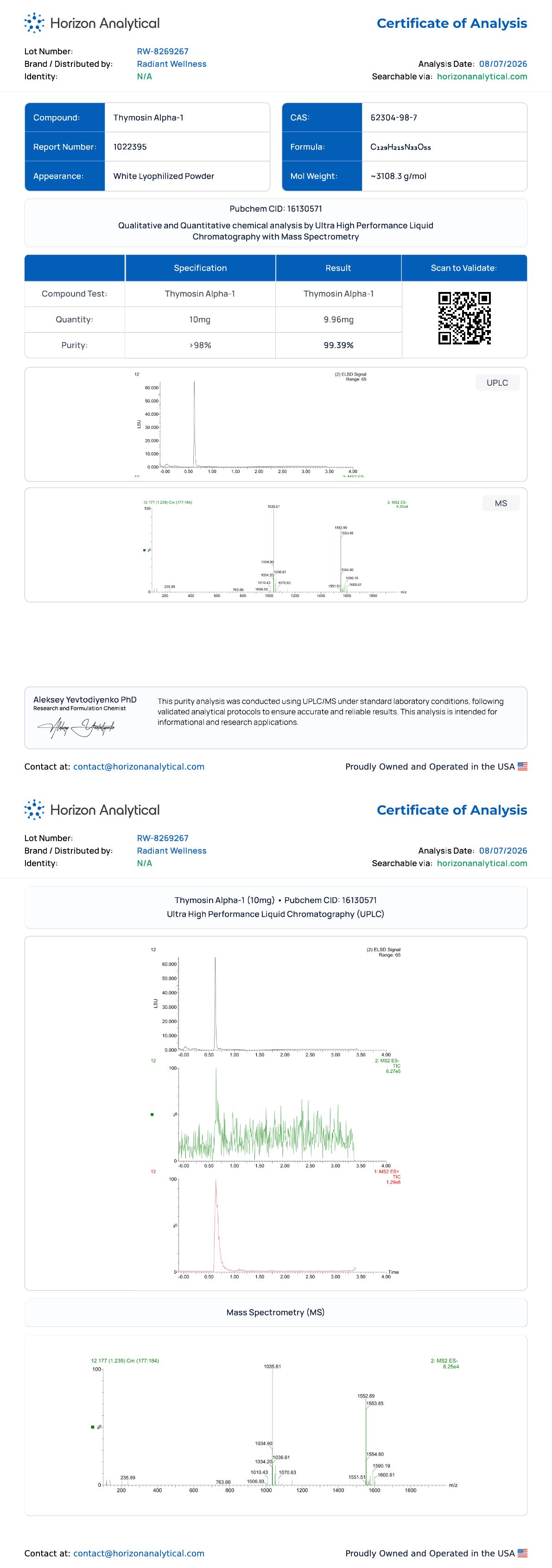 Thymosin Alpha Purity certificate